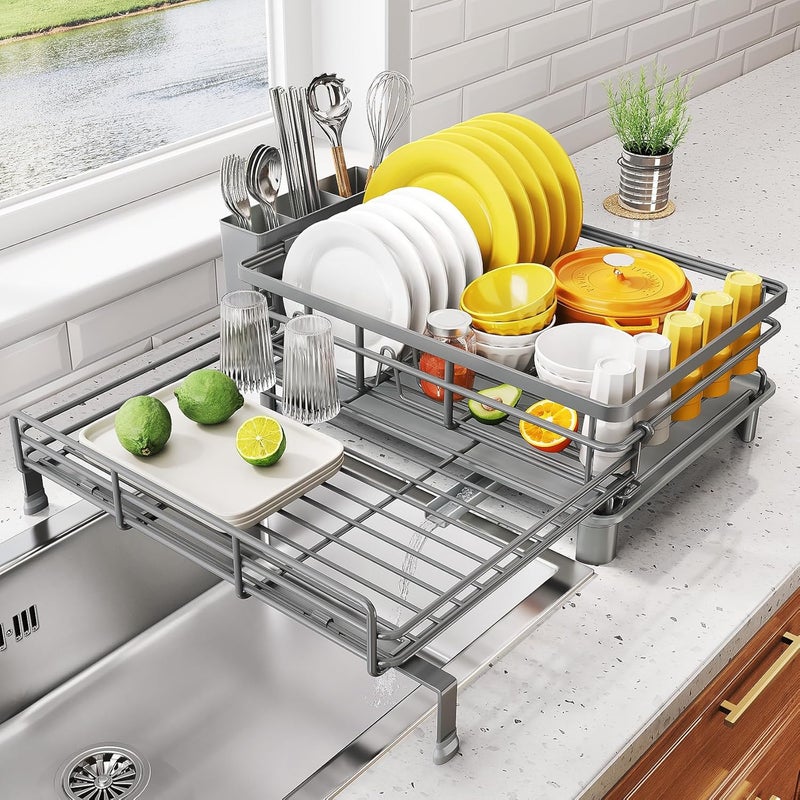 SNTD Dish Drying Rack - Extendable Dish Rack, Large Sink Drying Dish Drainer for Kitchen Counter, Stainless Steel Dish Strainer with Utensil Holder (Grey) - Image 1
